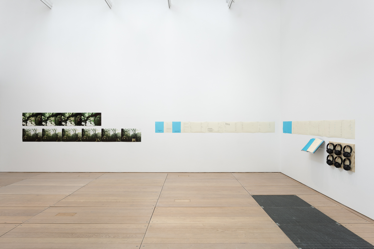 a white cube gallery with a two rows of photographs lined up one next to the other on the left. To the right and going around the corner to the far right wall is a series of print outs of what look like book scan. A set of six headphones is hung on the right wall next to an open book.