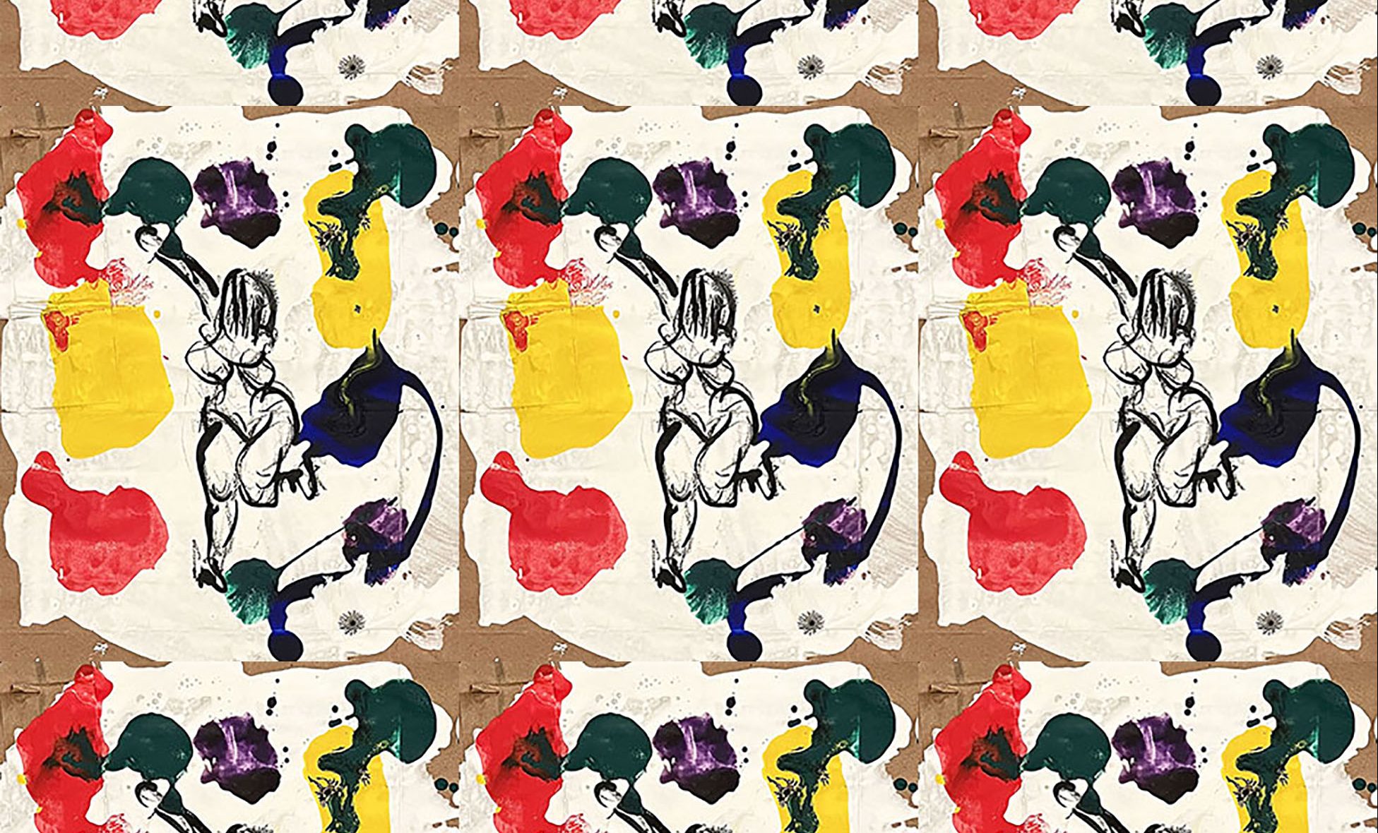 9 identical images – stacked in rows of 3 - of a painting that is used in Rotten Representations: one armed go dancer. White background on worn paper. Blotches of color surround black lines that depict a female figure shaking ass, right arm up, hair moving, breasts swaying, left leg kicked back tripping the light fantastic