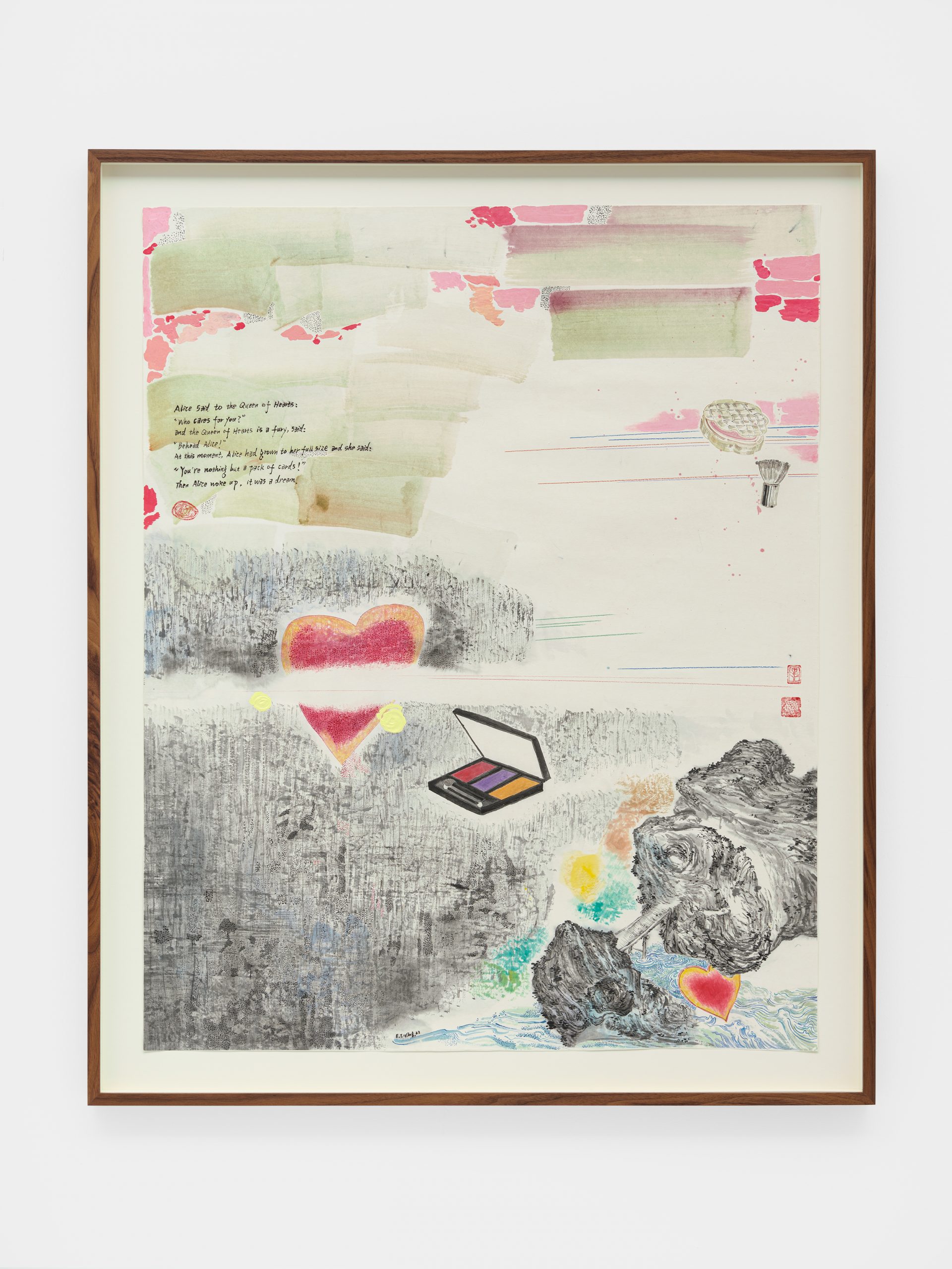 Artistic illustration featuring abstract shapes, hearts, and a makeup palette on textured paper with colourful brush strokes.