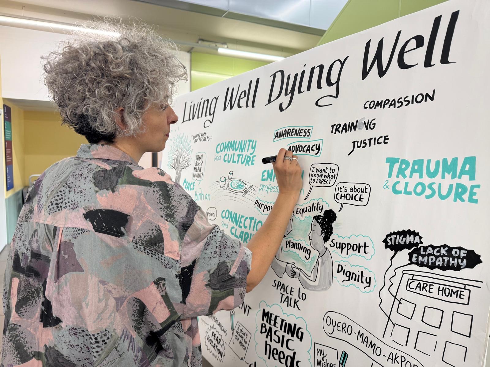 A woman writes on a large white board, under the title "Living Well Dying Well"
