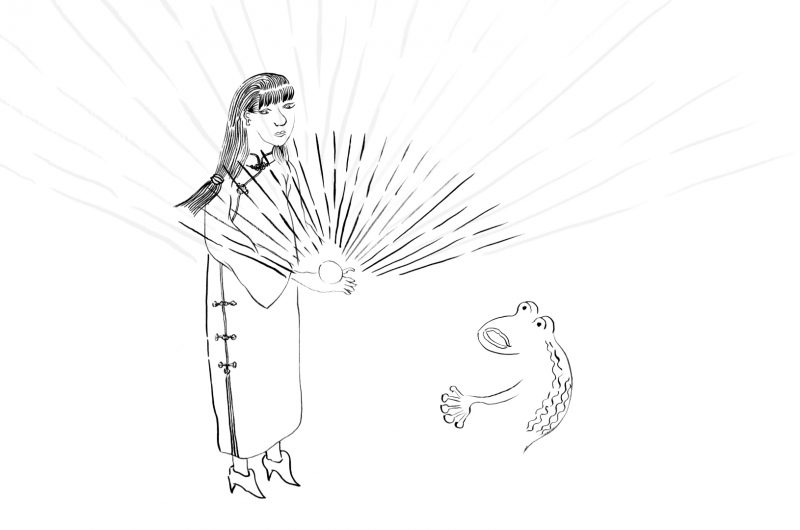 An illustration of a woman in traditional Chinese dress holding a radiating orb of light, a frog looks at her in shock.