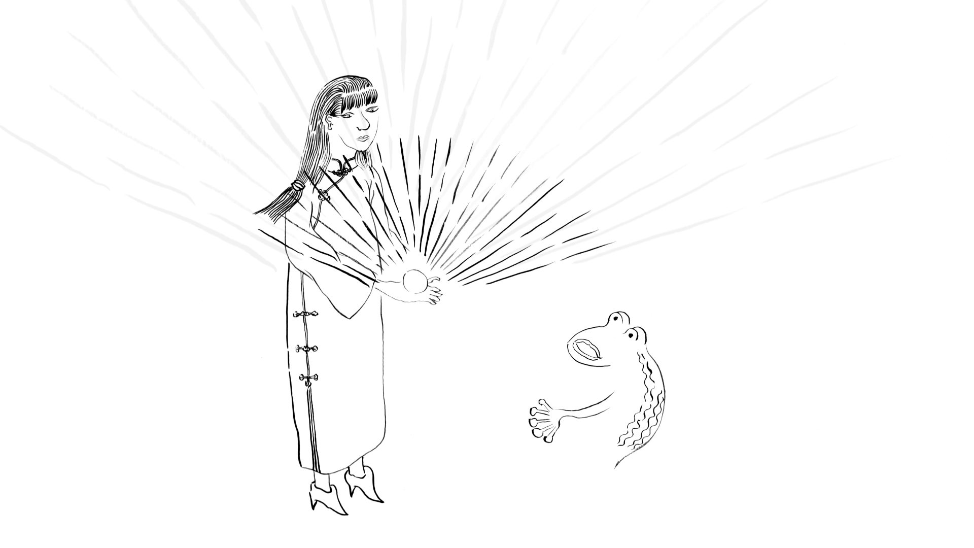 An illustration of a woman in traditional Chinese dress holding a radiating orb of light, a frog looks at her in shock.